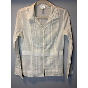 Ann Taylor Loft White Cotton Lace Trim Pintuck Button Down Blouse Shirt Womens 8